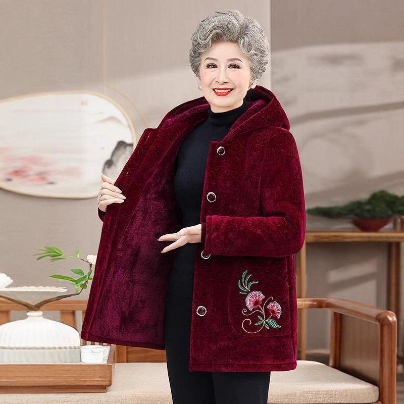 Warm Fleece-Lined Winter Jacket with Hood for Middle-aged and Elderly Women