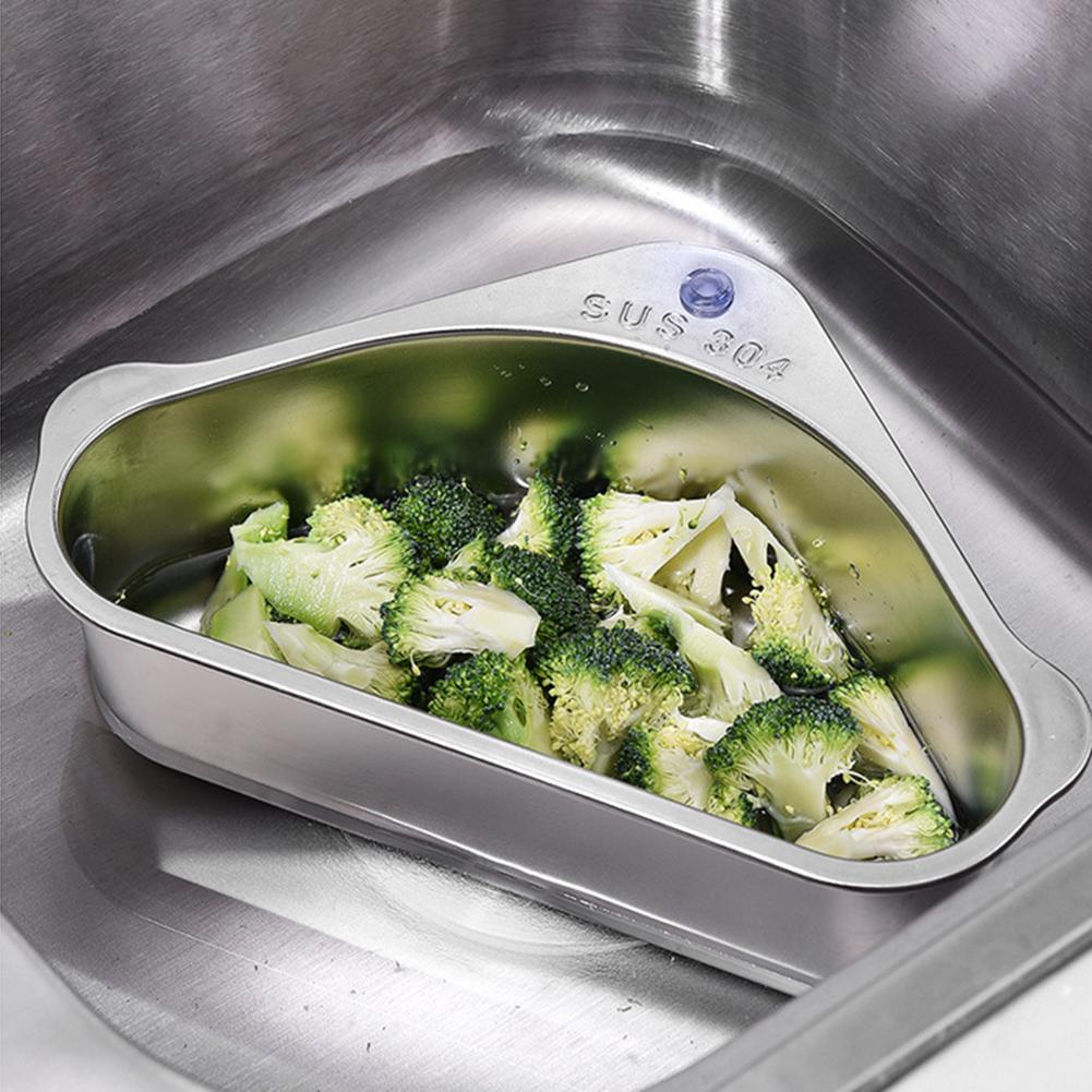 Stainless Steel Triangle Drain Basket Kitchen Sink Filter Shelf Fruit Vegetable Drainer Storage Rack Basket Bar with Suction Cup