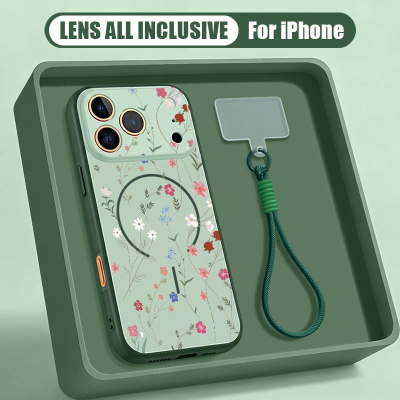 Little Floral Pattern Hand Strap Case For iPhone 17 Pro Max iPhone 16 15 14 13 Pro Max Magnetic For Magsafe Hybrid TPU+PC Matte Cover