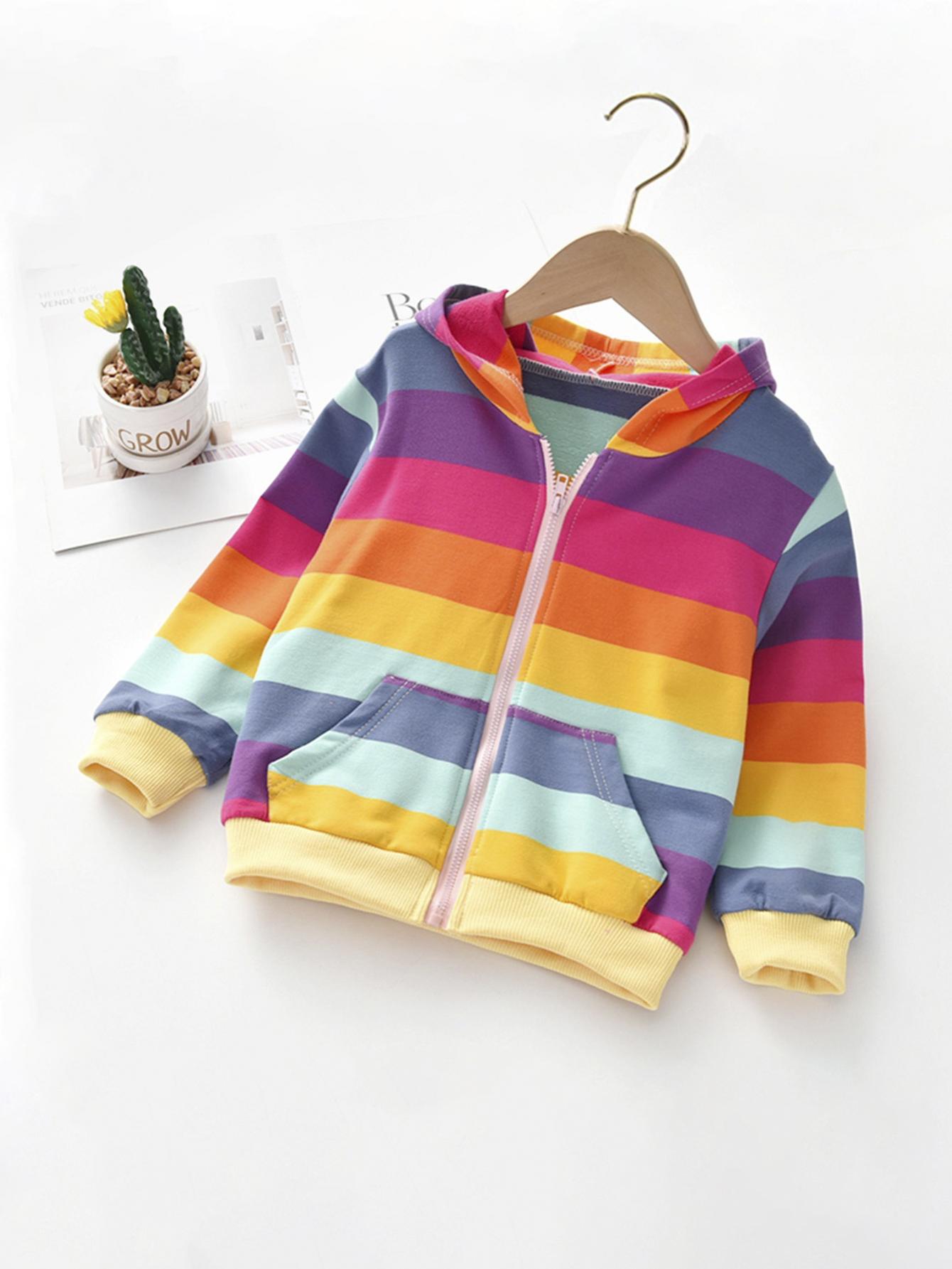 

Girls cute zippered pocket rainbow striped hooded jacket 140 рожевий/фіолетовий