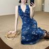 French Blue Floral Suspender Vest Dress Children's Summer New Seaside Vacation Style Beautiful Long Dress Thin
