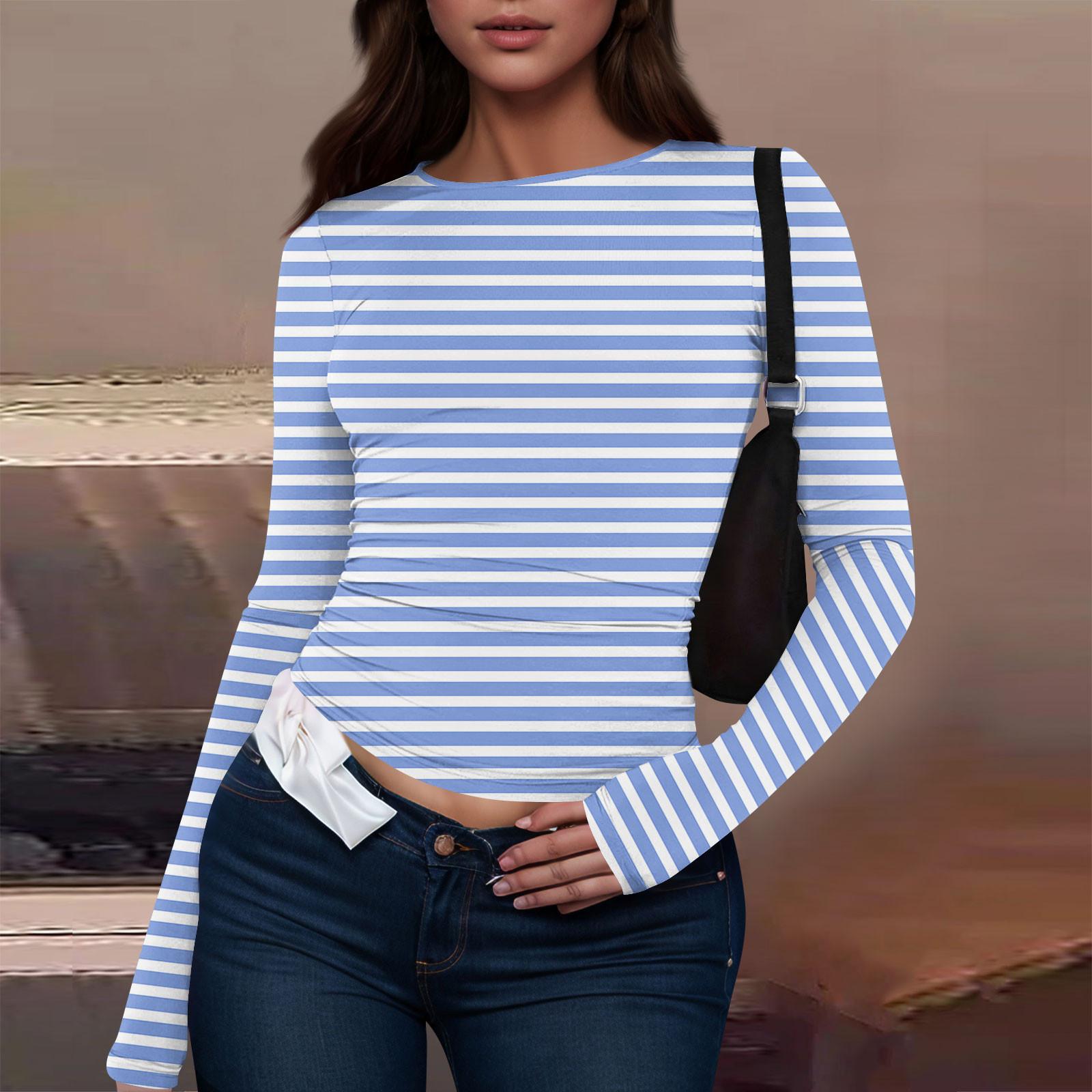 

Женская модная повседневная футболка с круглым вырезом и длинным рукавом с принтом XL синий