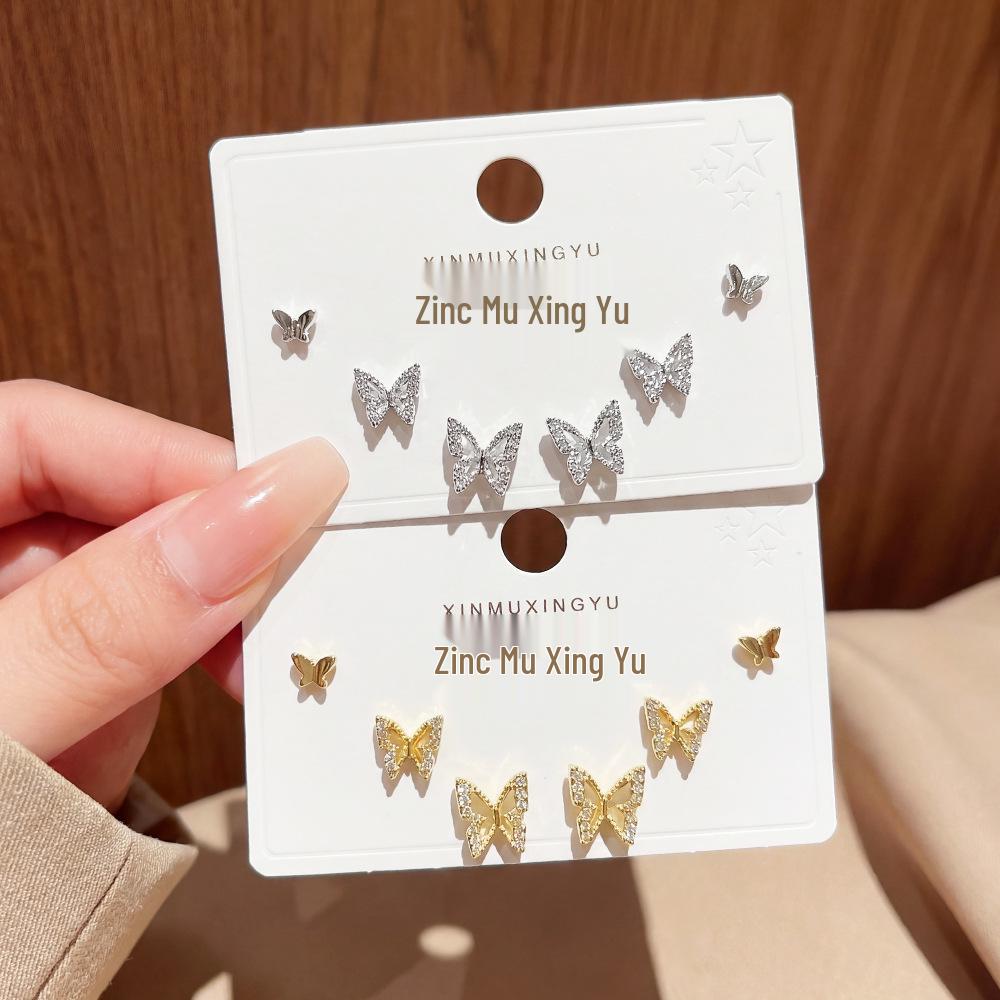 Copper-Plated Gold Hollow Butterfly Zirconia Earrings - Six-Piece Set