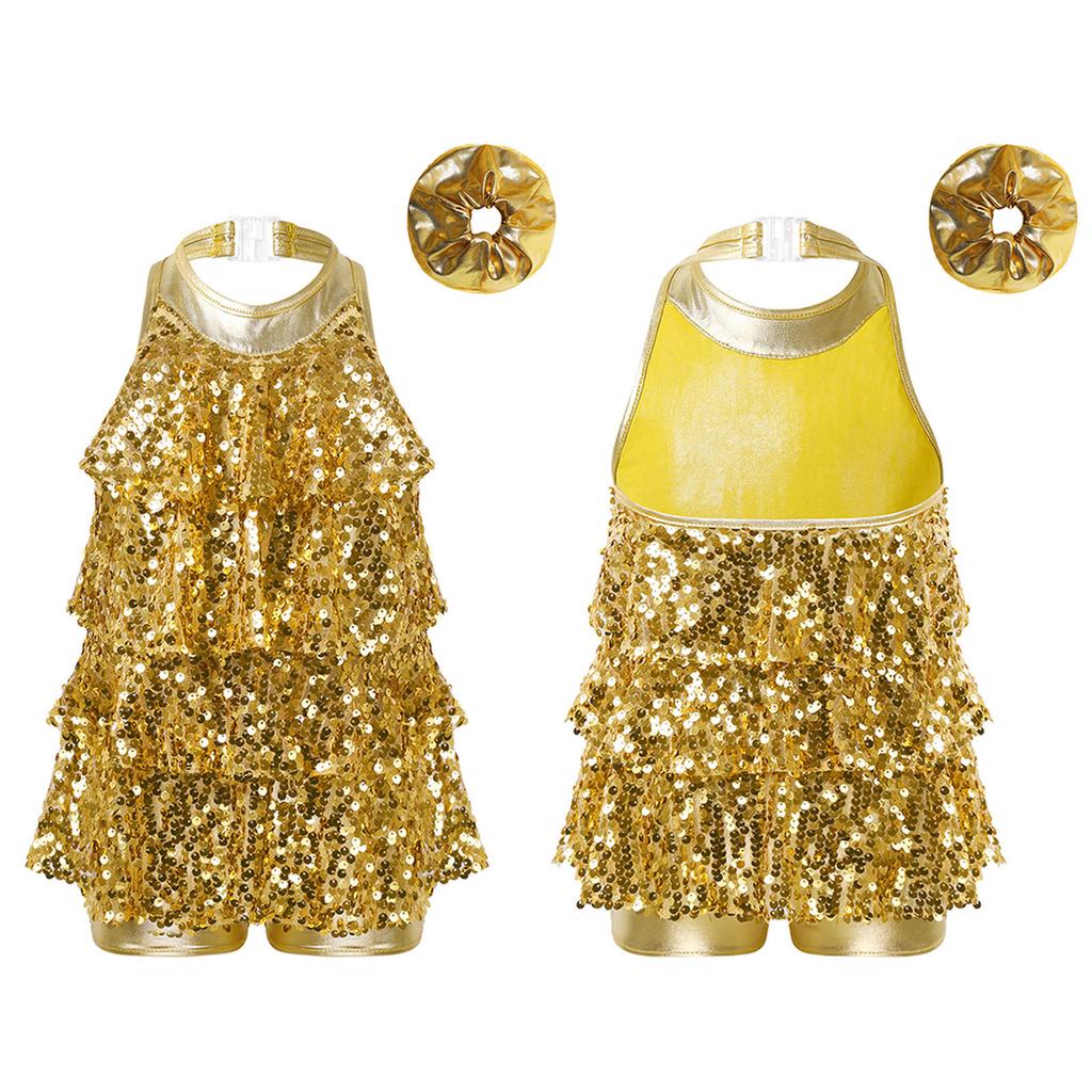 Kids Dance Leotard Halter Neck with Shiny Sequins Ruffles for Jazz Latin Performance Costume