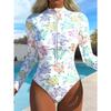 Women Long Sleeve One Piece Swimsuit Zip Front  Fresh Floral Fragments  Print Rash Guard Surfing Bathing Suit