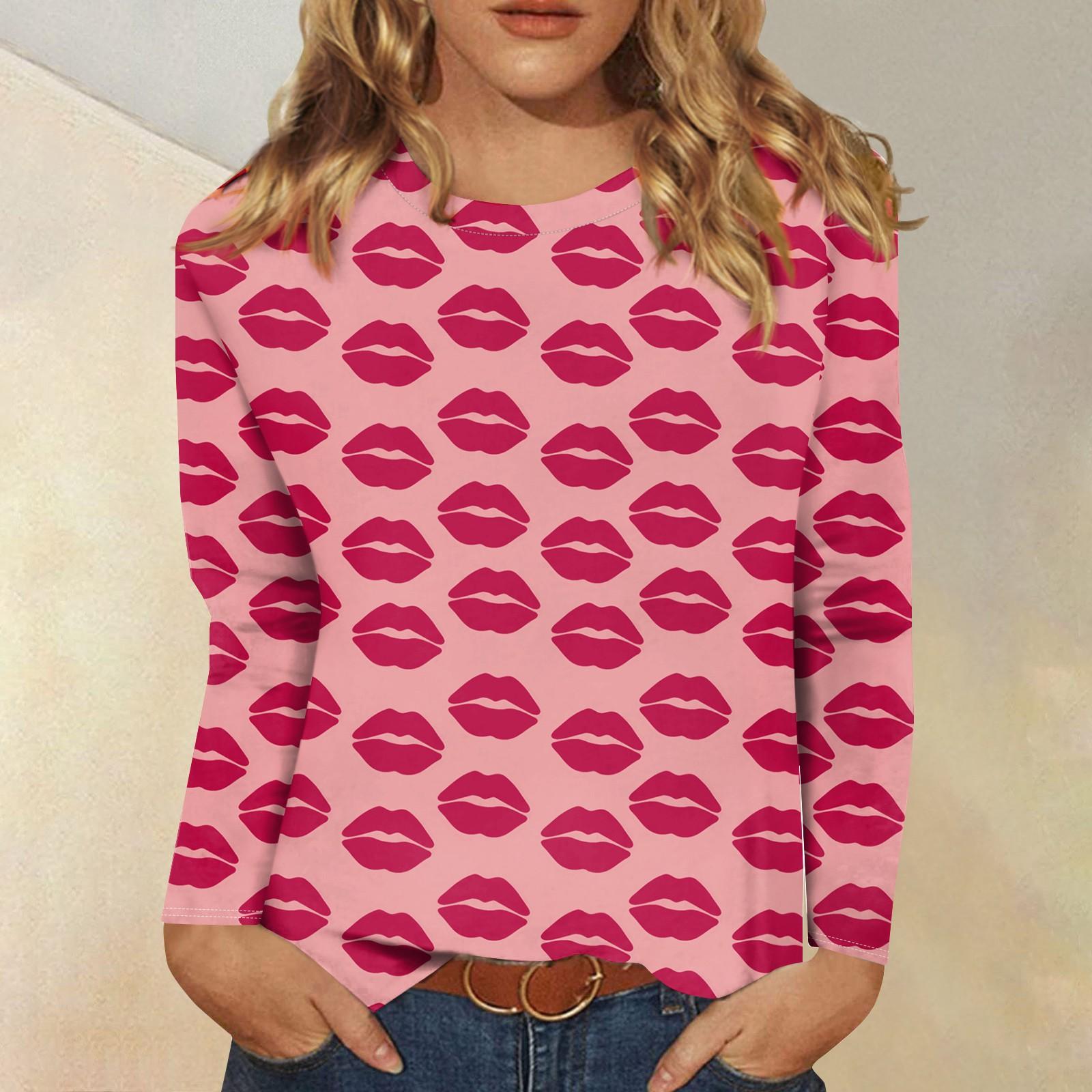 

Рубашки с длинным рукавом для женщин Милые принты Футболки Блузки Повседневные Большие размеры Базовые топы Пуловеры День святого Валентина L