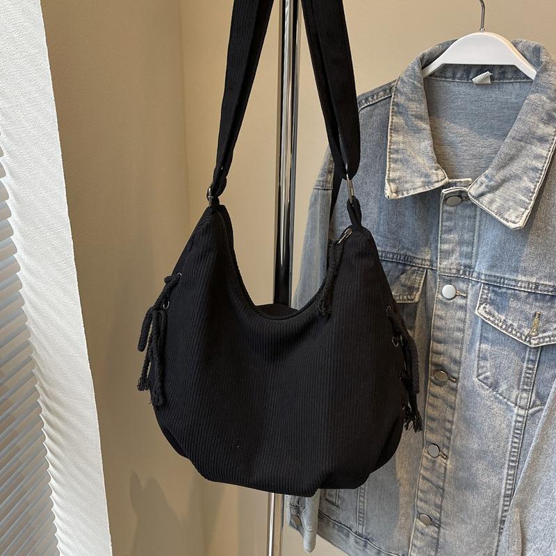 

New Women Hobo Bags Texture Simple Versatile Crossbody Bags Large Capacity Corduroy Canvas Shoulder Bag for Commuting Students чёрный