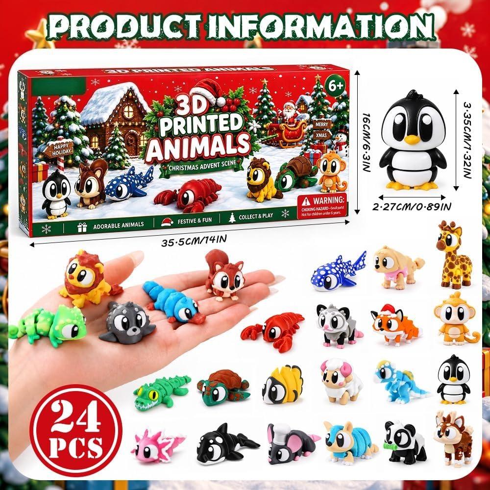 Christmas Advent Calendar with Mini 3D Printed Animals  24 Days with Big Eyes Flexible Fidget Kids Xmas Party Favors Gifts