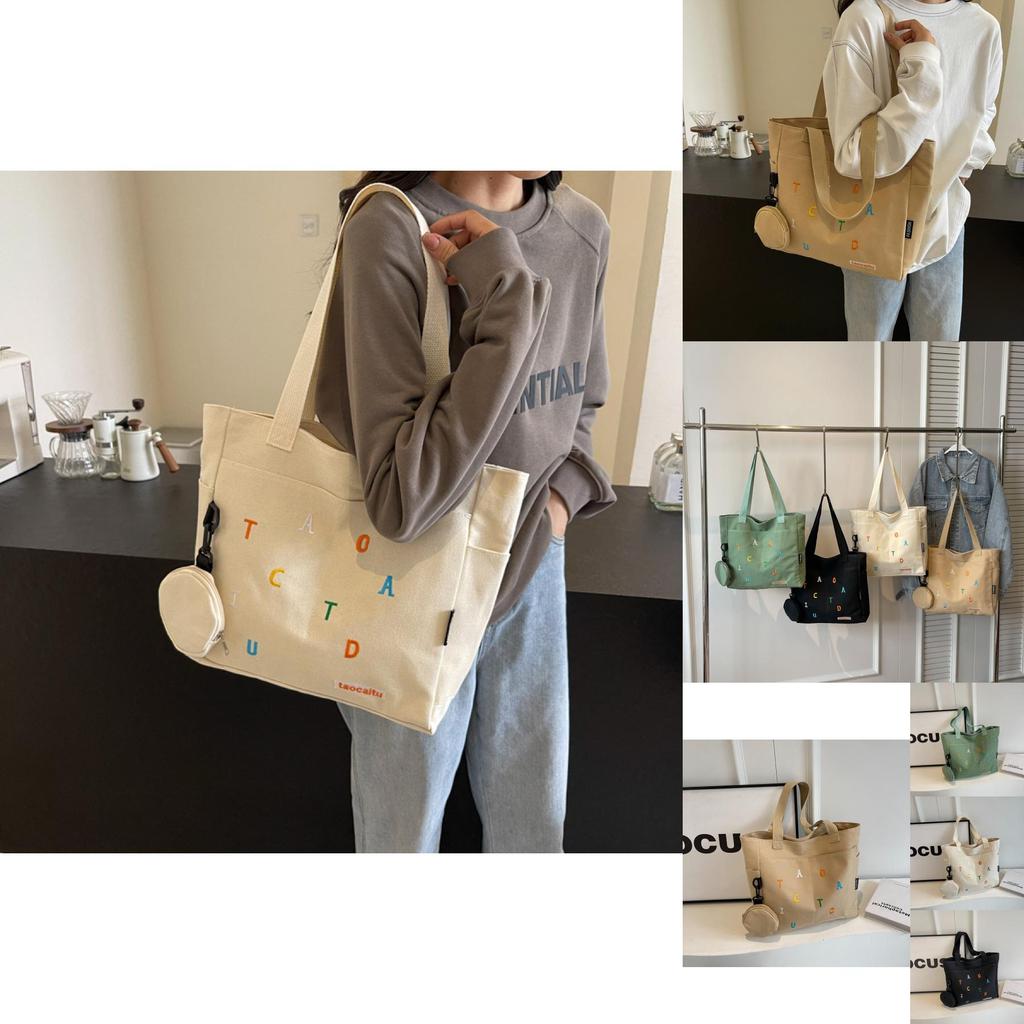 Large Capacity Canvas Tote Bag For Women Stylish Embroidered Letter Design For School