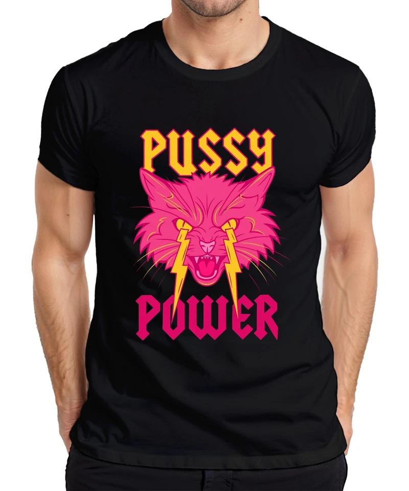 Pussy Power Women Power Cat Lightning Neon Punk Retro Feminism Mens T-Shirt 4XL