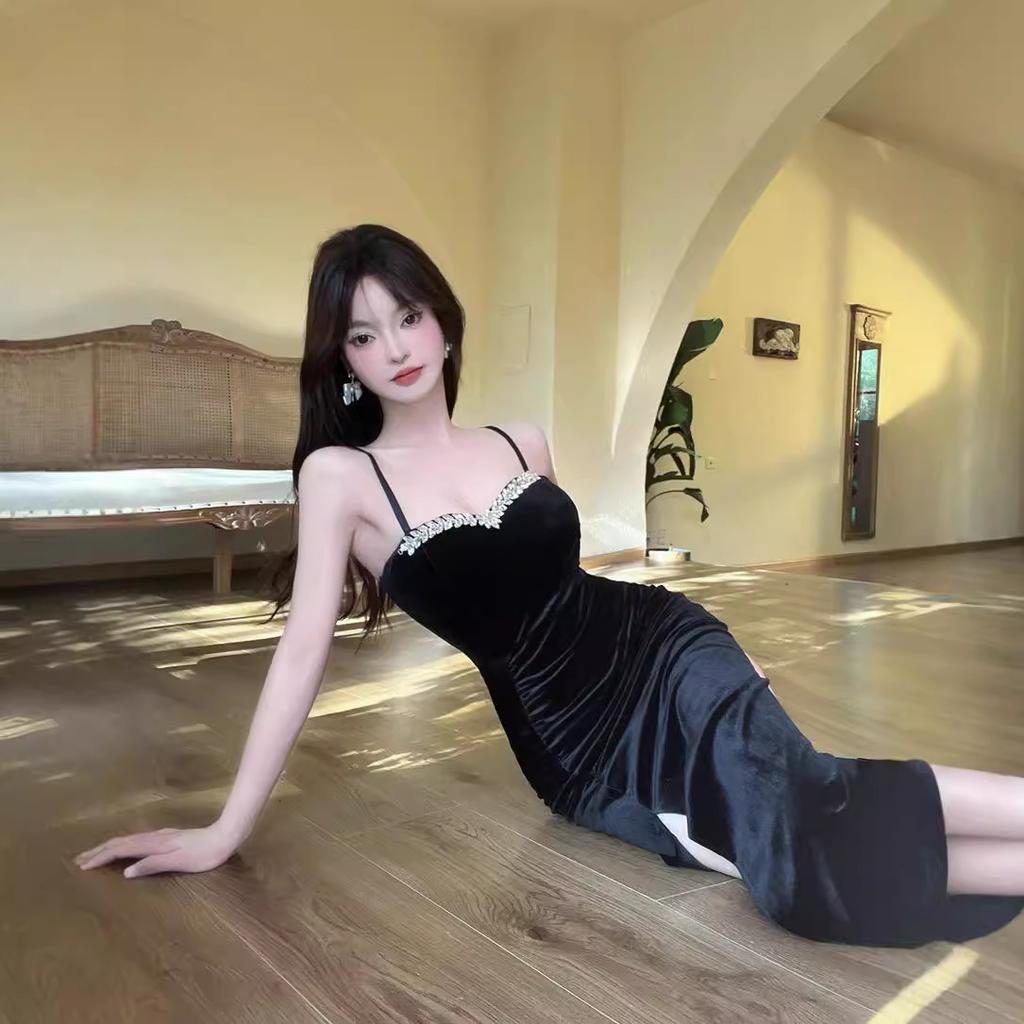 Heavy Industry Decorative Golden Velvet Suspender Dress Sexy Elegant Slim Slimming Evening Dress Long Dress
