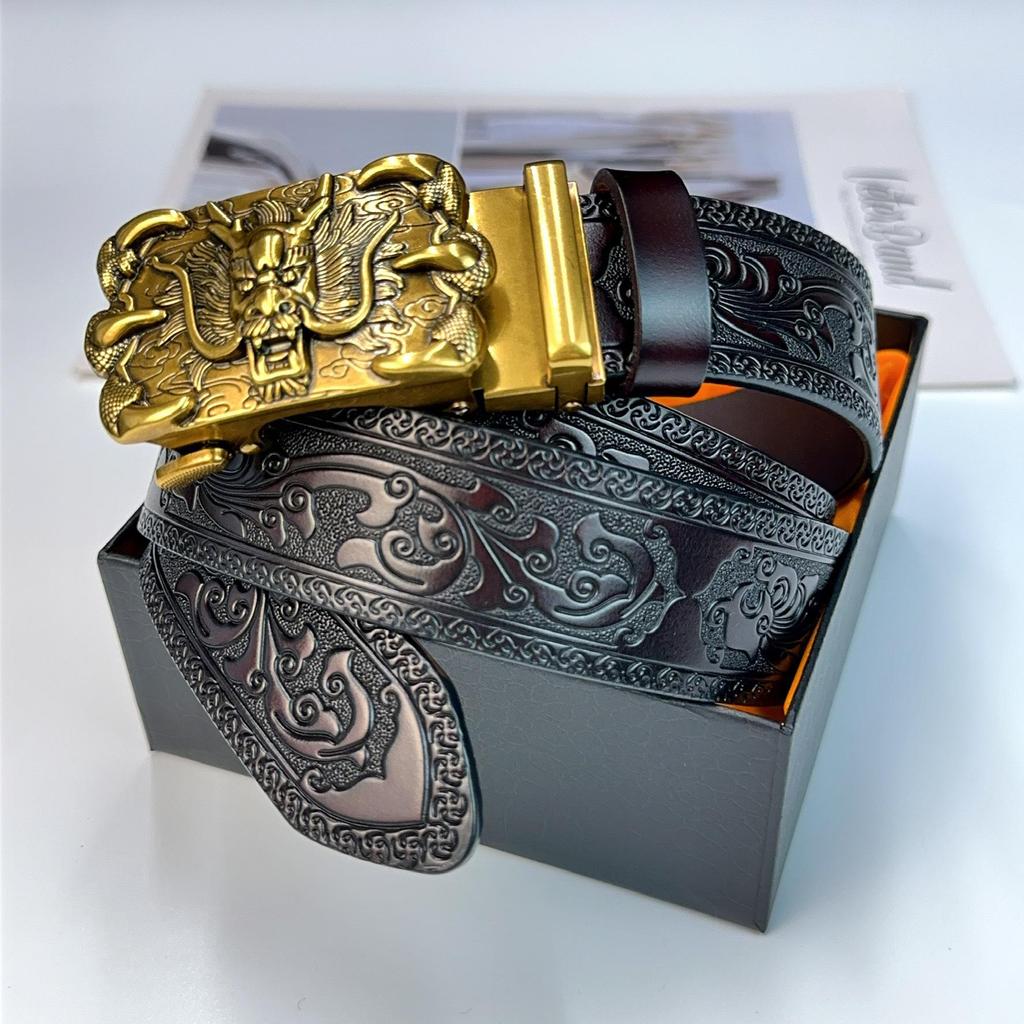 New Men's Embossed Dragon Head Genuine Leather Belt with Automatic Buckle