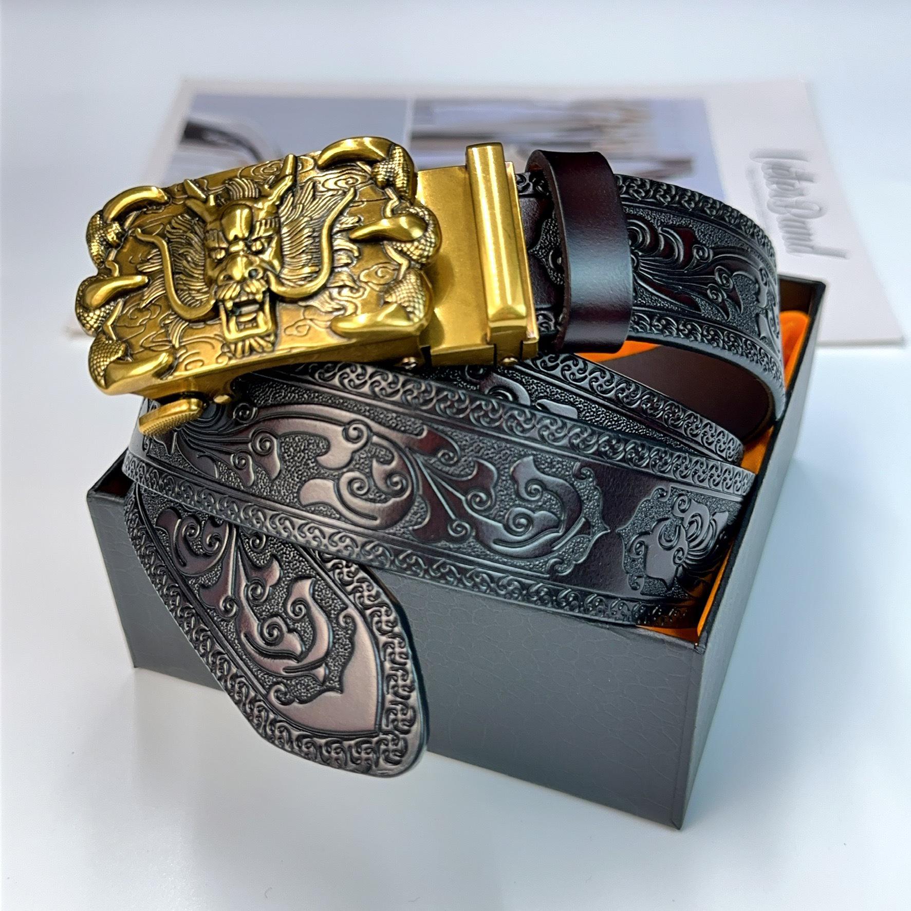 

Новый мужской ремень из натуральной кожи с тиснением в виде головы дракона и автоматической пряжкой 110 cm