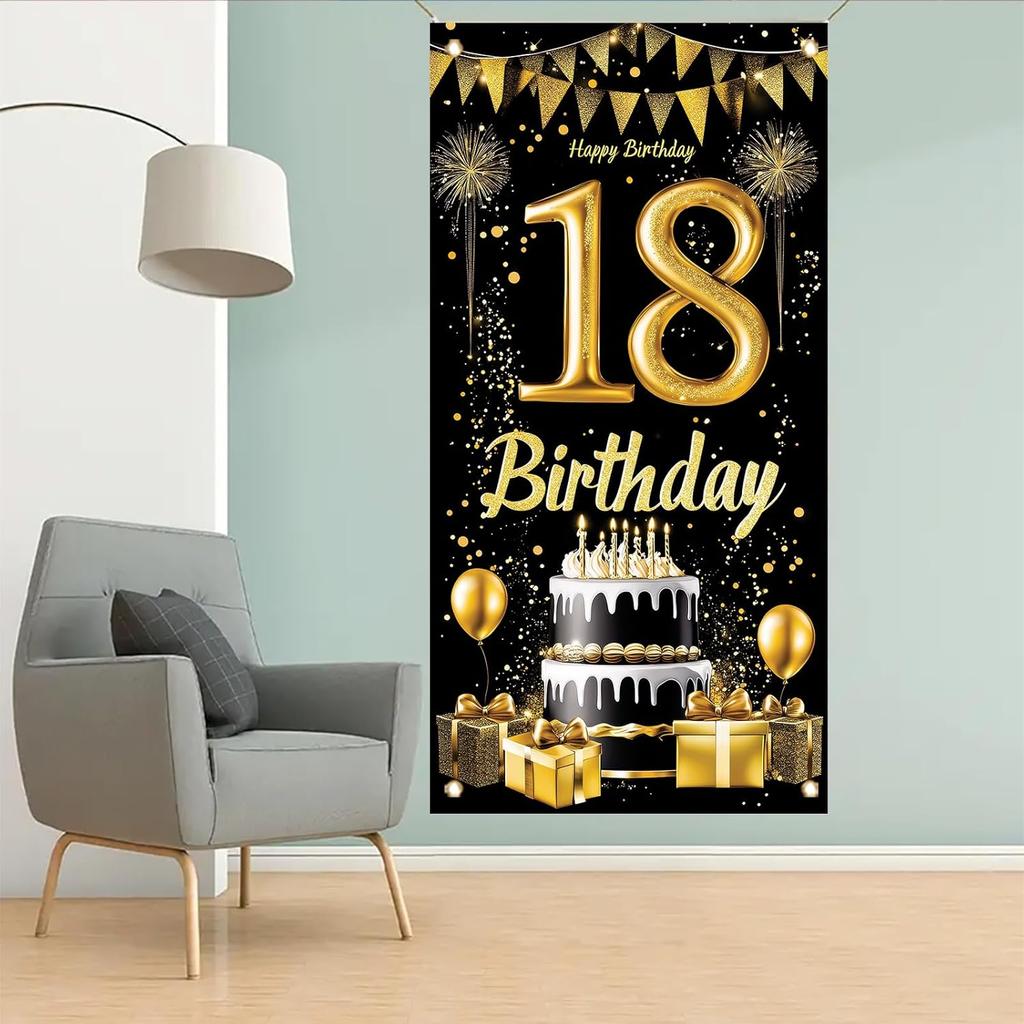 18th Birthday Door Cover Decoration 71 x 35 Inch Black and Gold Cake Banner with Balloons and Gifts for Eighteenth Birthday Party Supplies Happy 18