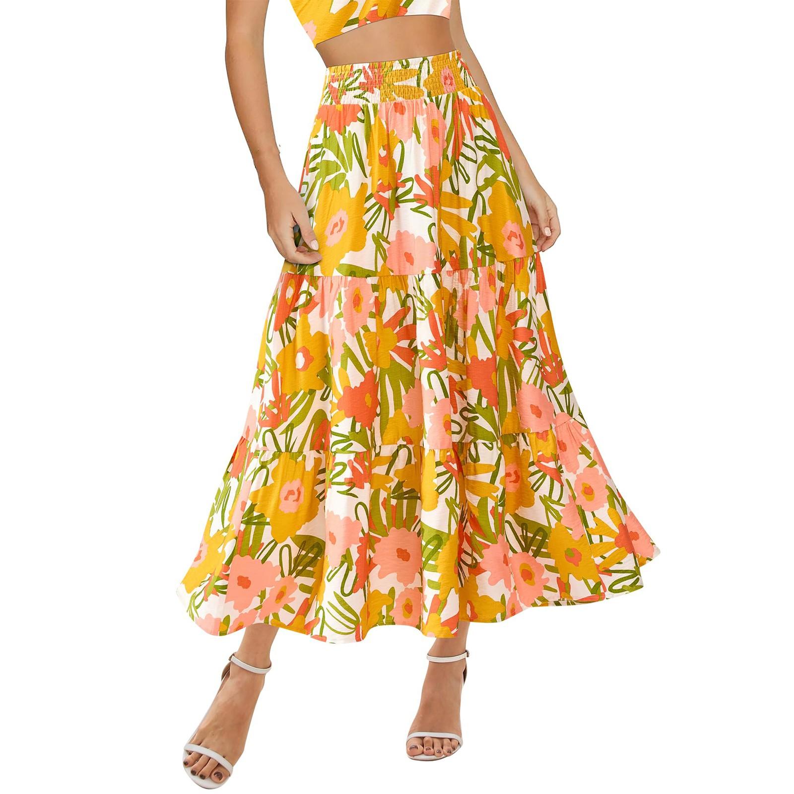 

Женская юбка миди с цветочным принтом, повседневная, эластичная, с высокой талией, плиссированная, струящаяся, макси-юбка с карманами XL арбуз красный