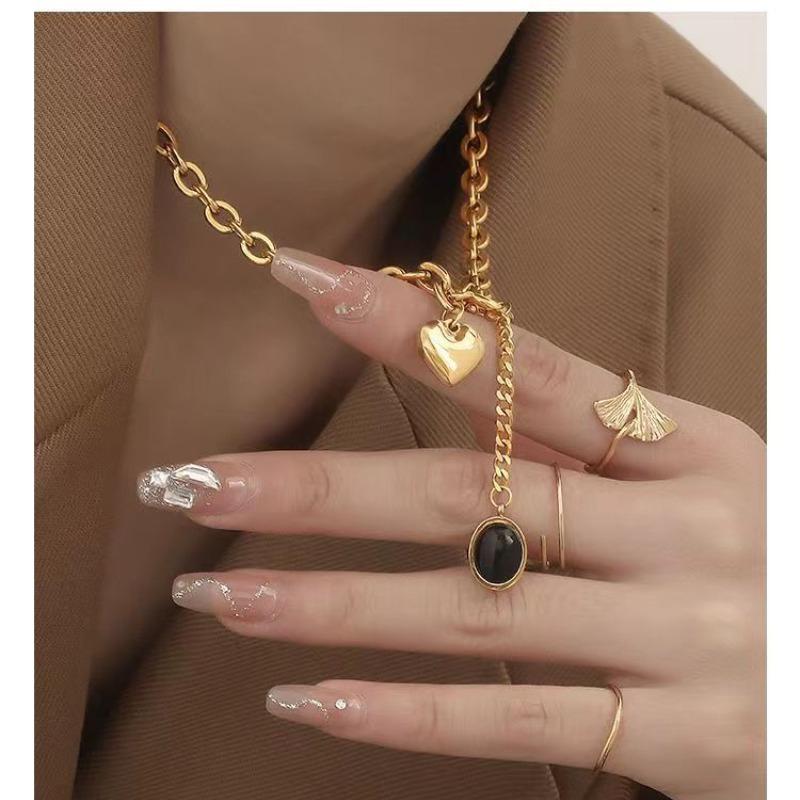 New Hip Hop Fashion Personality Gold Color Stainless Steel Collarbone Chain Necklace OT Buckle Opal Heart Pendant Choker Jewelry