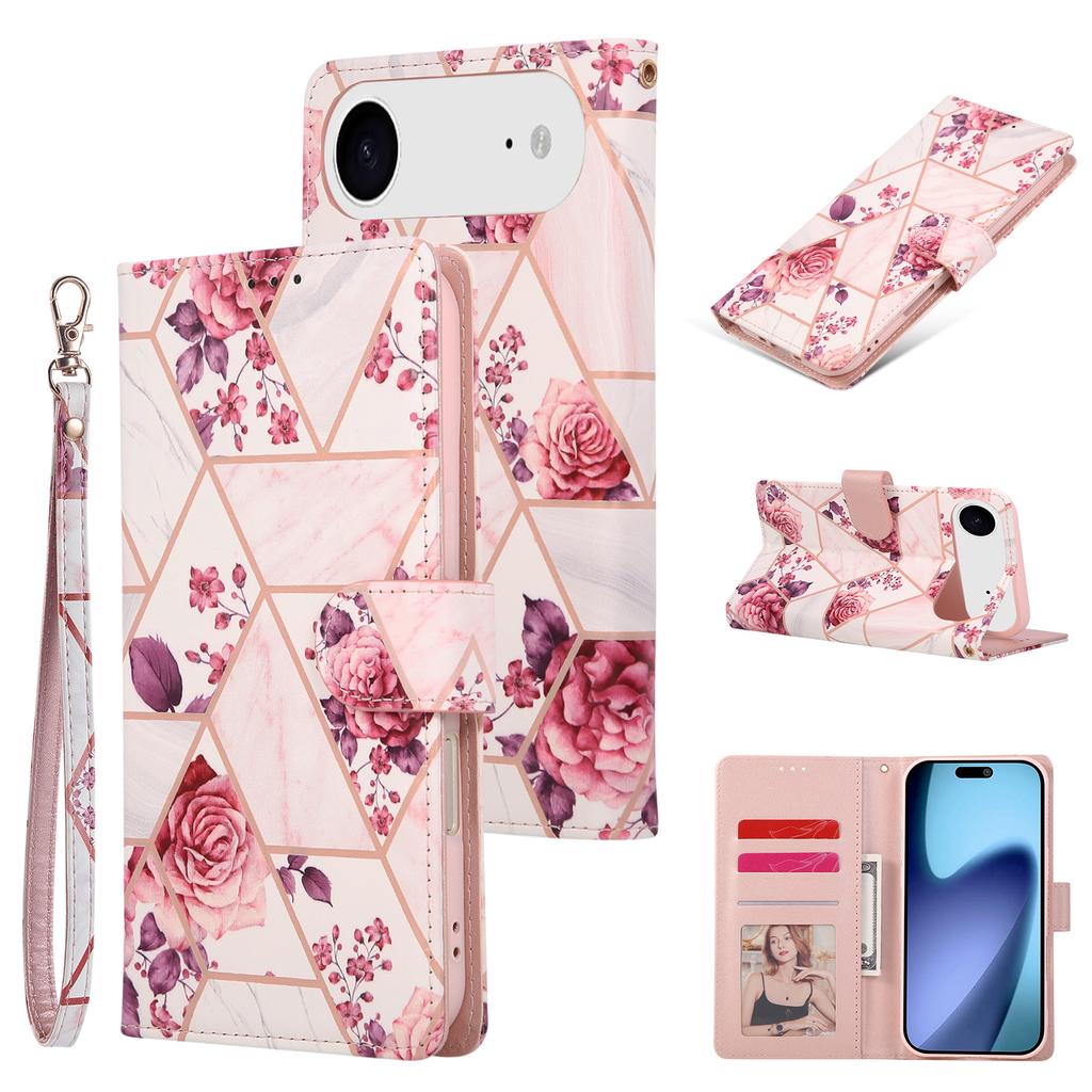 For iPhone 17 Air Case Lacquered Marble Pattern Leather Phone Cover with Wrist Strap