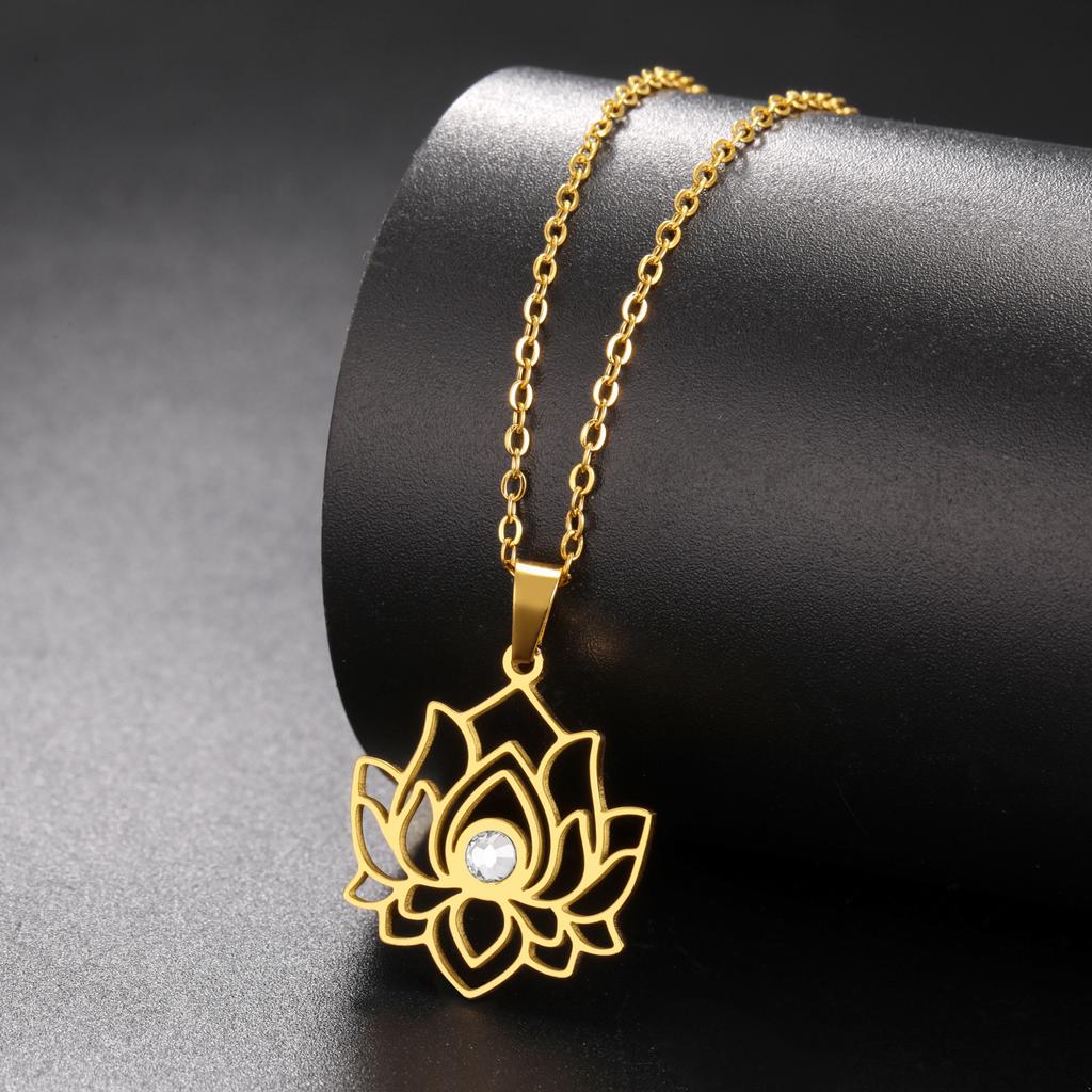 Dreamtimes Lotus Flower Charm Necklace for Women Yoga Protection Pendant Necklace Stainless Steel Healing Symbol Amulet Jewelry