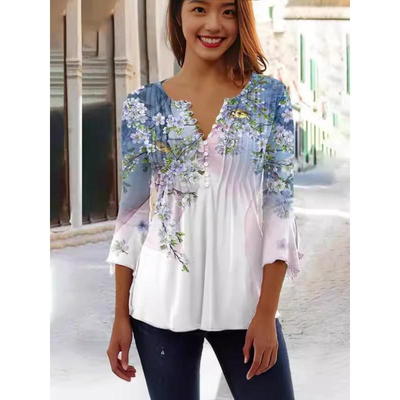 Moda Wiosna Lato Nowa Damska Koszulka Bazowa z Plisami i Guzikami z Dekoltem V i Krótkim Rękawem w Kwiatowy Wzór