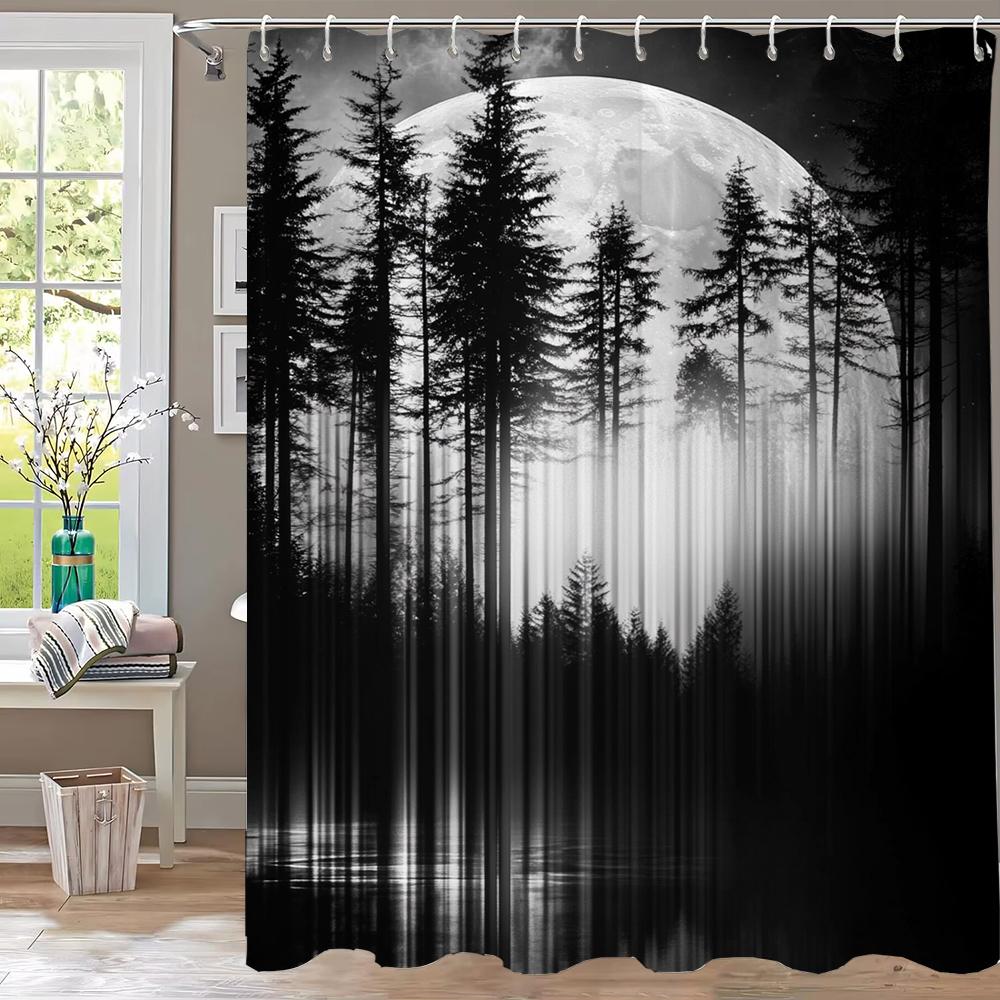 Mysterious Night Misty Forest Shower Curtain, Scenery Bathroom Curtain,Printed Polyester Home Decorative Curtain with Hooks