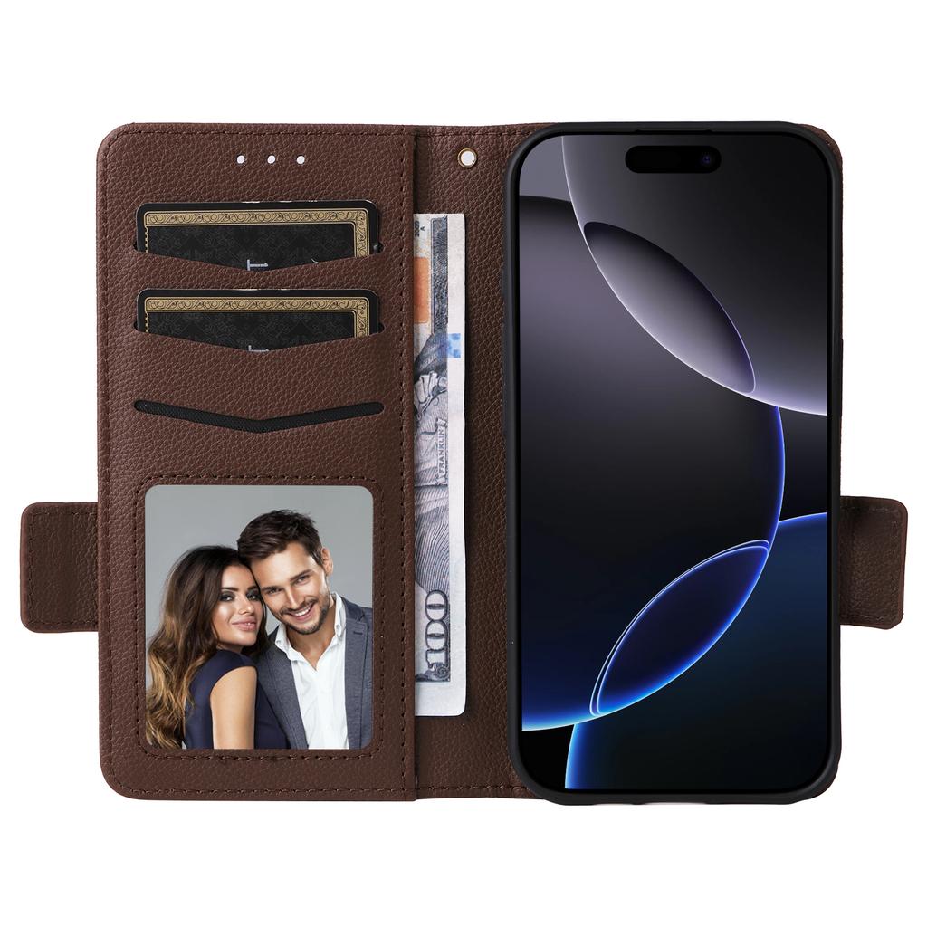 For iPhone 16 Pro Max Case with Wrist Strap Litchi Texture PU Leather Wallet Phone Cover