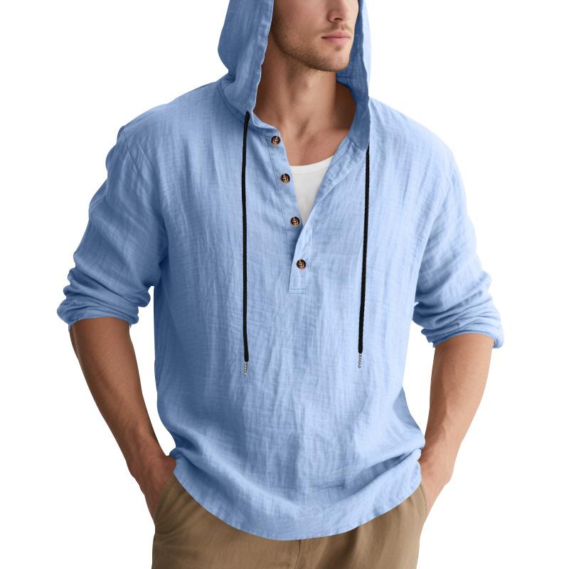 

New Men s Linen Long-Sleeved Hooded Top Spring/Summer Solid Colour Casual Oversized Hooded Shirt XXXL світло-синій колір