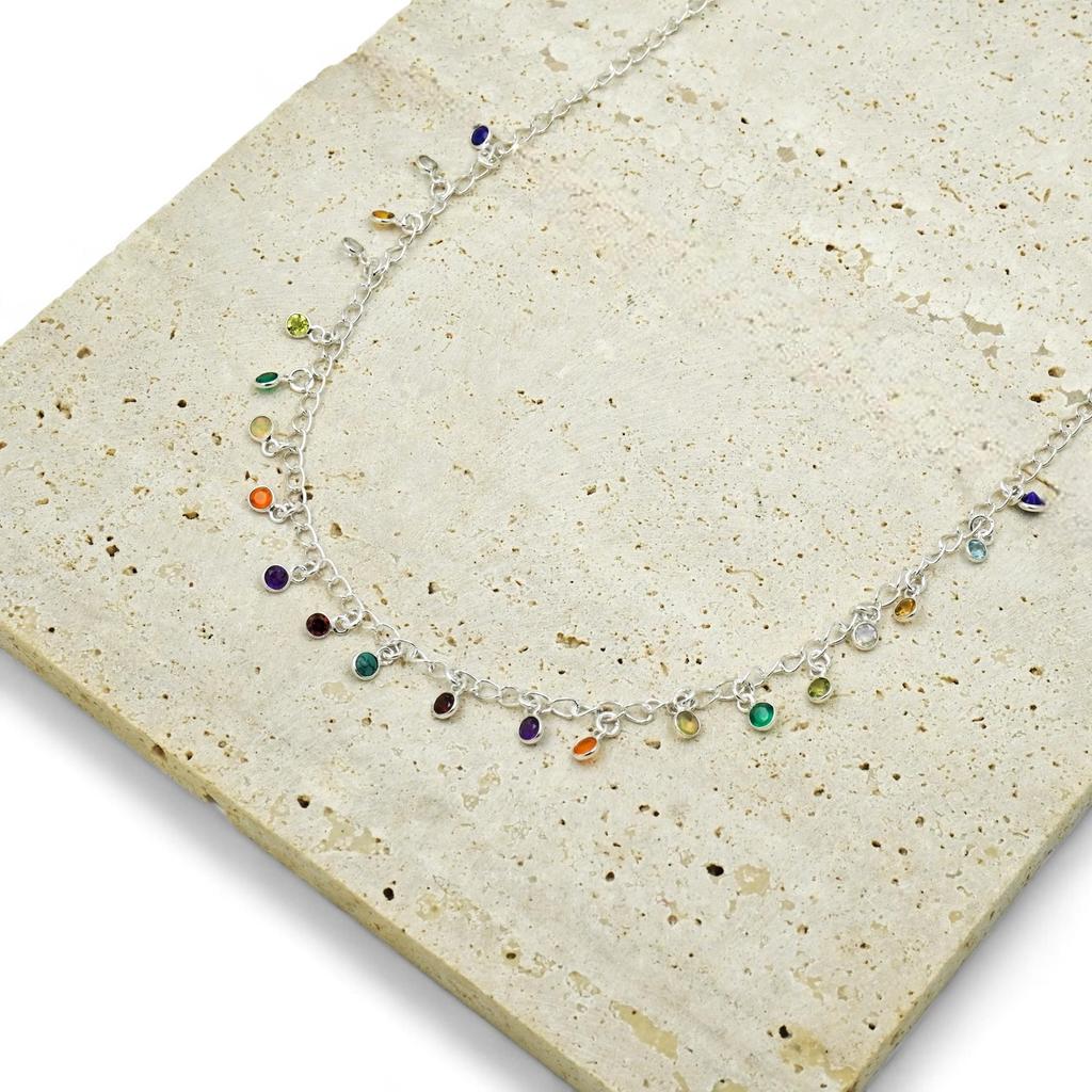 Real Multi Gemstone Minimalistic Necklace, Sterling Silver, Handmade, Gift for Her