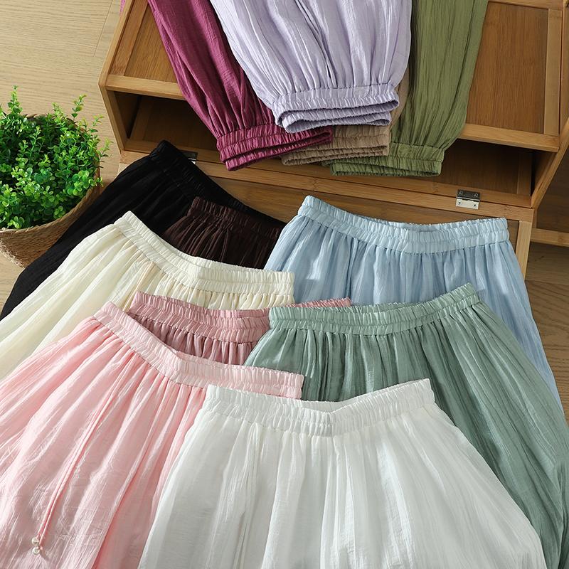 DIMANAF Plus Size 2026 Women Linen Pants Elastic Waist Vintage Basic Lady Solid Lace Wide Leg Long Pants Oversize Loose Tencel