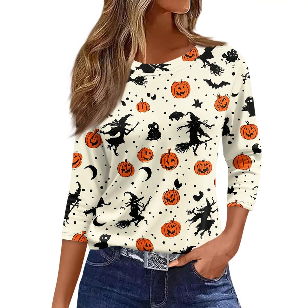Women's 3/4 Sleeve Casual Shirt Loose Fit Round Neck Halloween Pumpkin Print T-Shirt Lightweight Comfortable Top for Everyday Wear