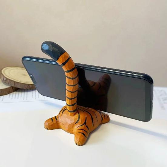 Tiger Cat Desktop Ornament Wooden Phone Stand, Ornament, Cute Artistic Sculpture Animal Holder, Handmade Decor, Creative Gift for Friends Office Desk