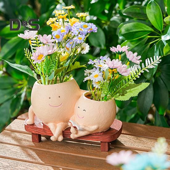 Smile Face Planter Resin Reading Lady Head Girl Face Flower Pot Double Head Succulent Planter with Drainage Hole for Home Office Balcony