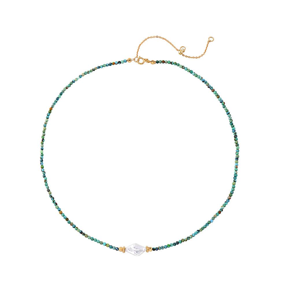 European and American retro natural blue apatite handmade beaded titanium steel necklace pendant natural turquoise collarbone chain