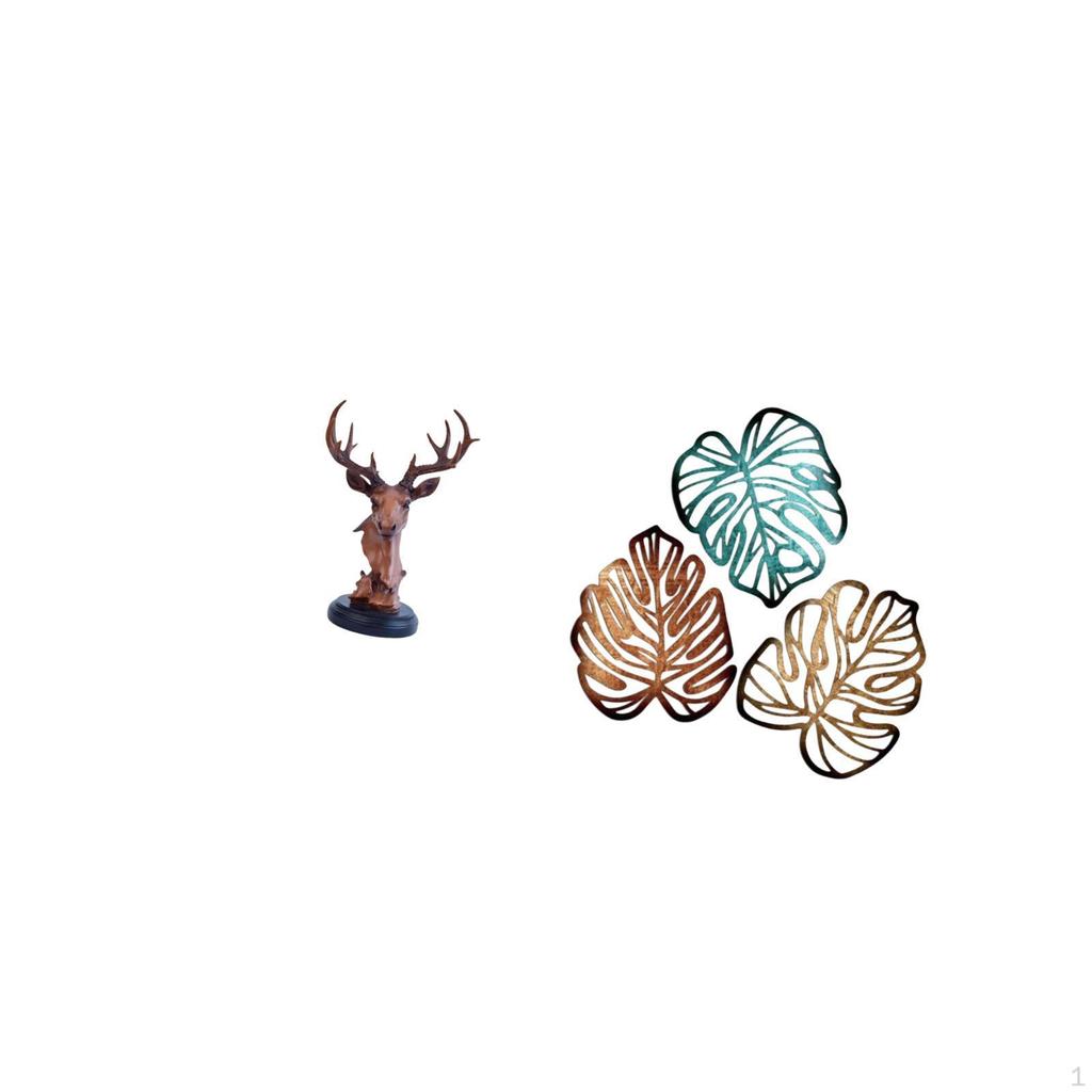 Tropical Deer Head Resin Statue Creative Animal Figurine with Palm Leaves Wooden Wall Art Jungle