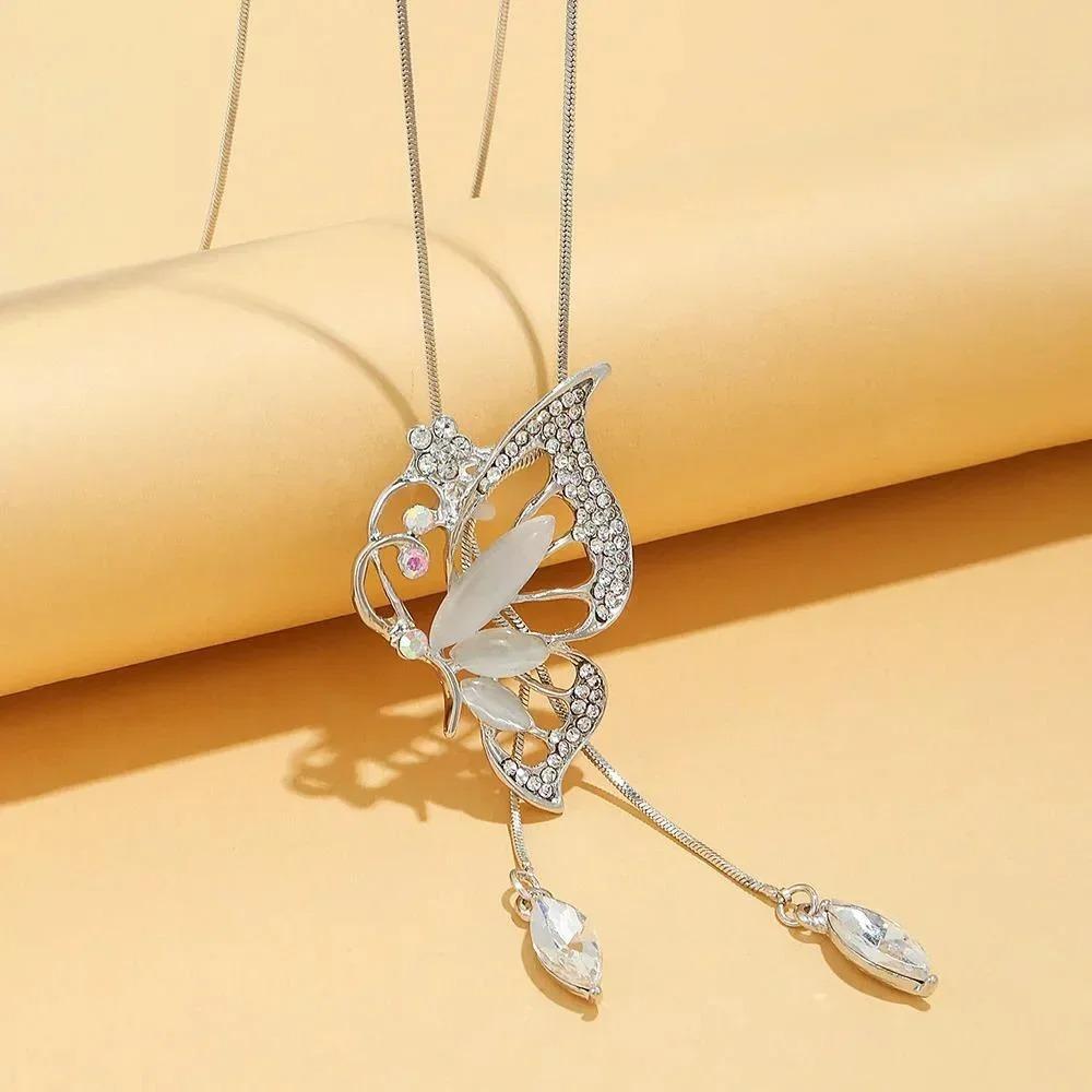 2024 New Fashion Opal Crystal Butterfly Wings Long Necklaces  Pendants For Women Simple Trendy Jewelry Sweater Chain