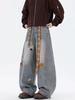 Unisex Retro Distressed Cartoon Chenille Embroidery Scimitar Jeans - Loose Fit, Trendy Wide-Leg Style, Straight Leg Pants