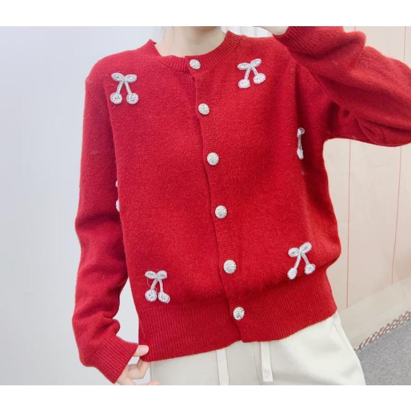 Early Spring New Heavy Industry Pearl Cherry Age Reduction Hundred Cardigan Outside with Knitted Sweater