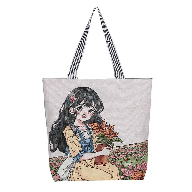 Cartoon Canvas Tote Bag Large Capacity Embroidered Floral For Casual Travel