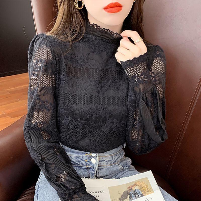 Women's Elegant Lace Long-Sleeve Base Layer Top, French Style, Plus Size, Autumn 2025 Collection