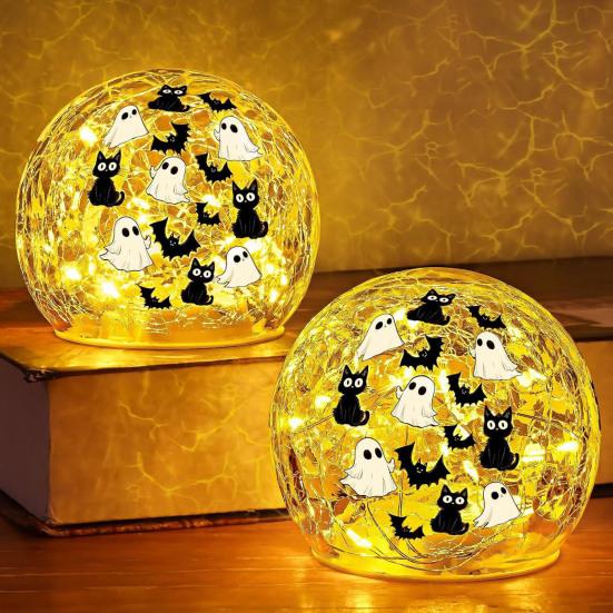 Crackle LED Glass Ball Lamp Halloween Ghost Bat Cat Cracked Ball Light with Warm Light for Halloween Walkway Path Garden Tabletop Decor