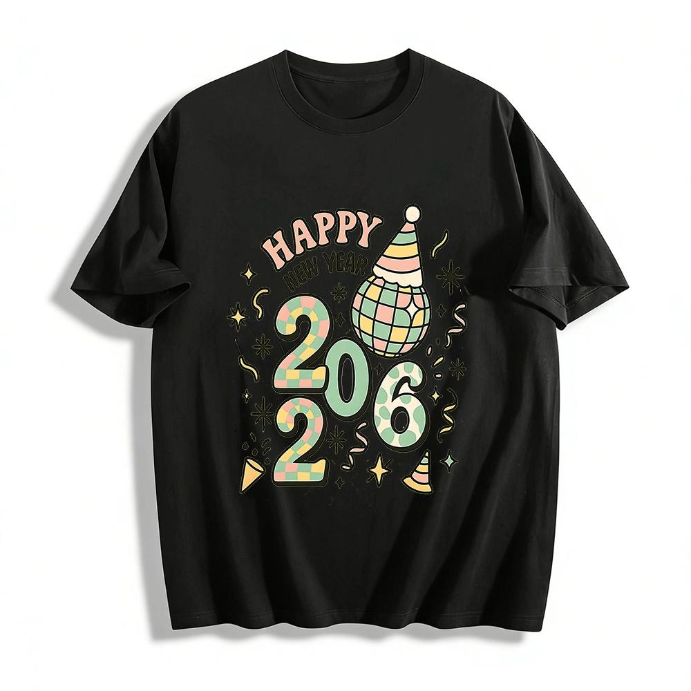 

Retro 2026 New Year Party Print Casual Top Pure cotton T-shirt XXS
