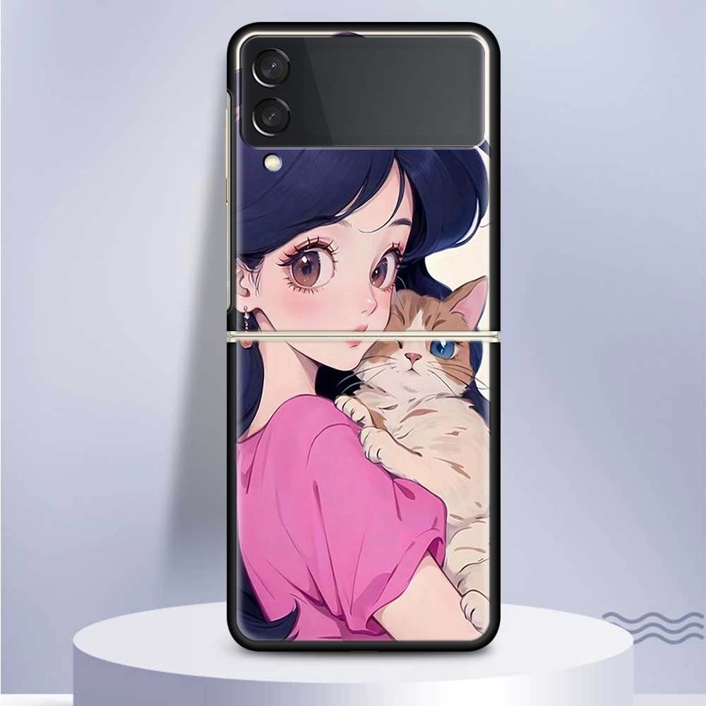 Süße Anime Ins Mädchen Tier Katze für Samsung Galaxy Z Flip 5 4 3 5G Telefon Fall schwarz Hard Cover ZFlip 5 4 3 Luxus stoßfest Bum