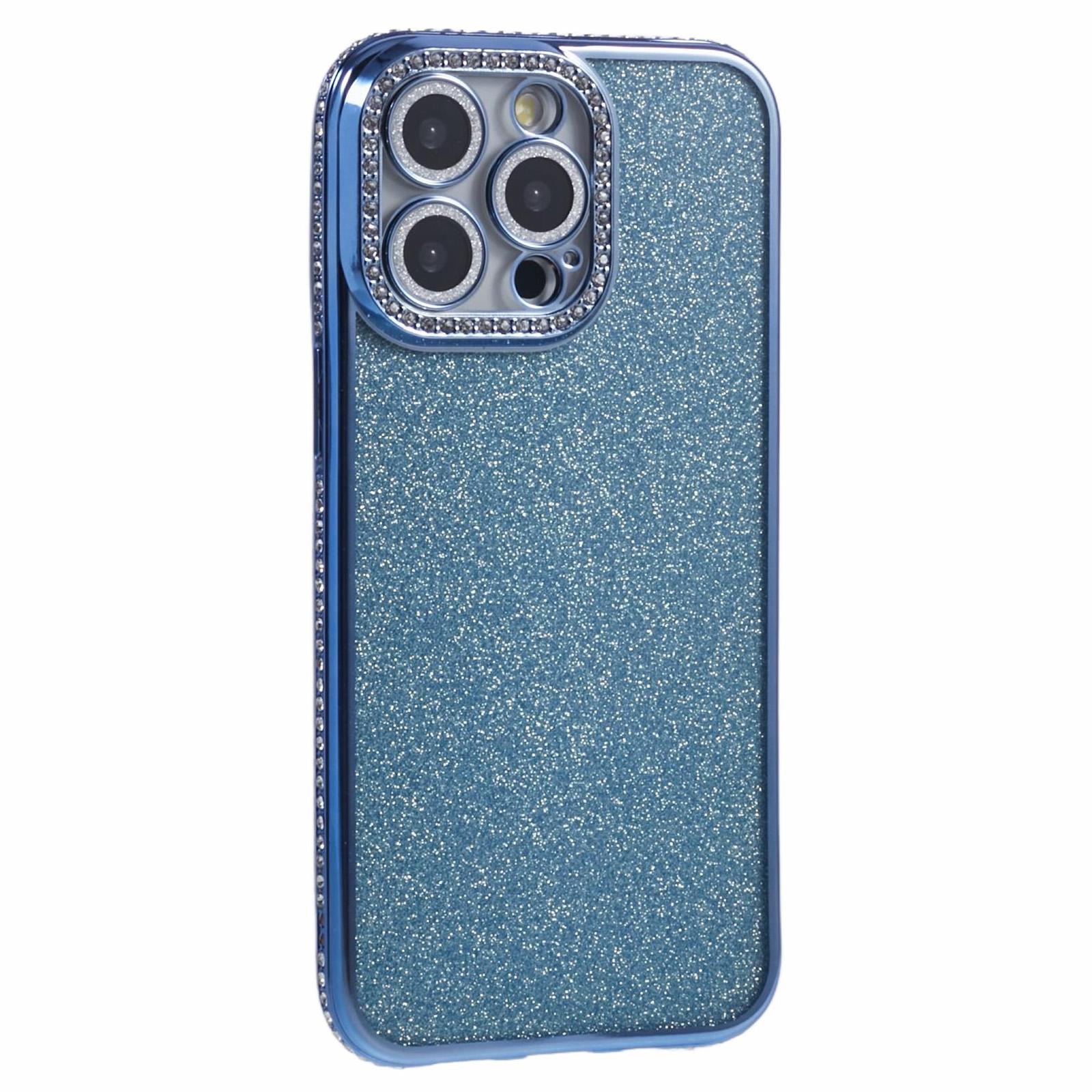 

For iPhone 15 Pro Max Case Camera Lens Guard Clear Phone Back Cover Rhinestone Decor With Glitter Paper Blue