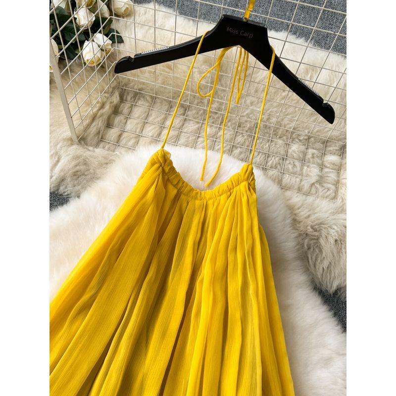 French Minority Dress Women's Summer Outing Wear Seaside Vacation Style Sleeveless Halter Open Back Chiffon Fairy Dress