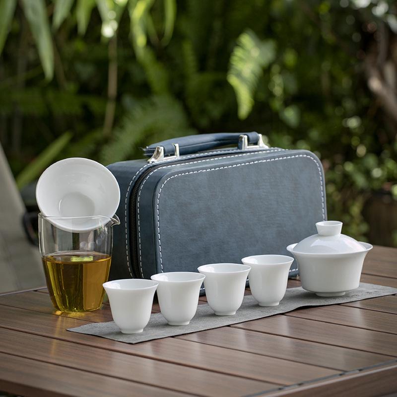 

Suet jade travel kung fu tea set outdoor ceramic tea making cover bowl teacup simple white porcelain portable storage
