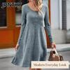 JPNTKY Fashion Autumn Winter Solid Color Print Long Sleeve U-Neck Casual Dresses
