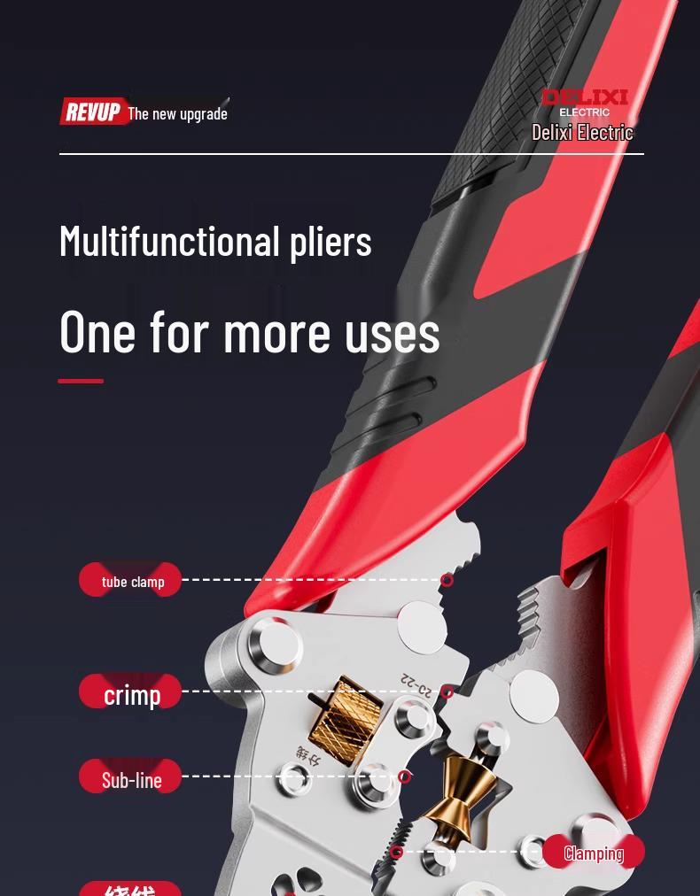 Delixi 16-in-1 Multifunctional Wire Stripper Pliers: Folding Buckle for Stripping, Separating, Winding, Crimping, and Cutting.