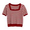 Sommer Kurzarm Gestreiftes T-Shirt Damen Gestrickte Hemden Pullover Tops Weiblich Elastisch Lässig Strick-T-Shirt Damen T-Shirts Crop Tops