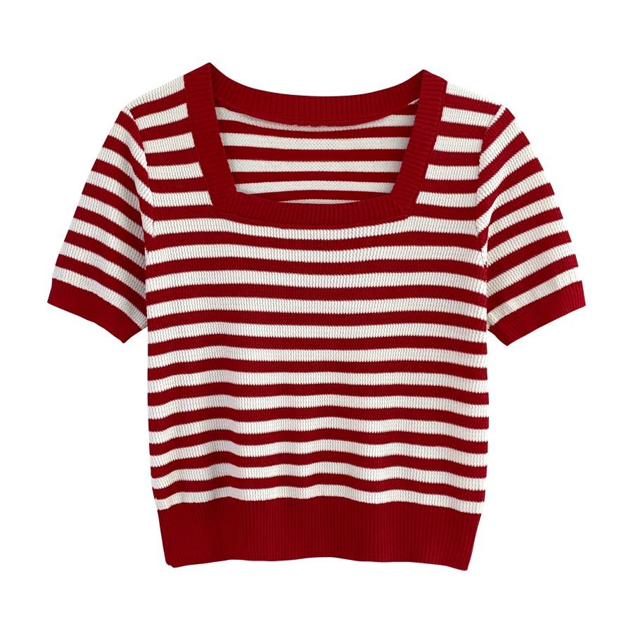 Sommer Kurzarm Gestreiftes T-Shirt Damen Gestrickte Hemden Pullover Tops Weiblich Elastisch Lässig Strick-T-Shirt Damen T-Shirts Crop Tops