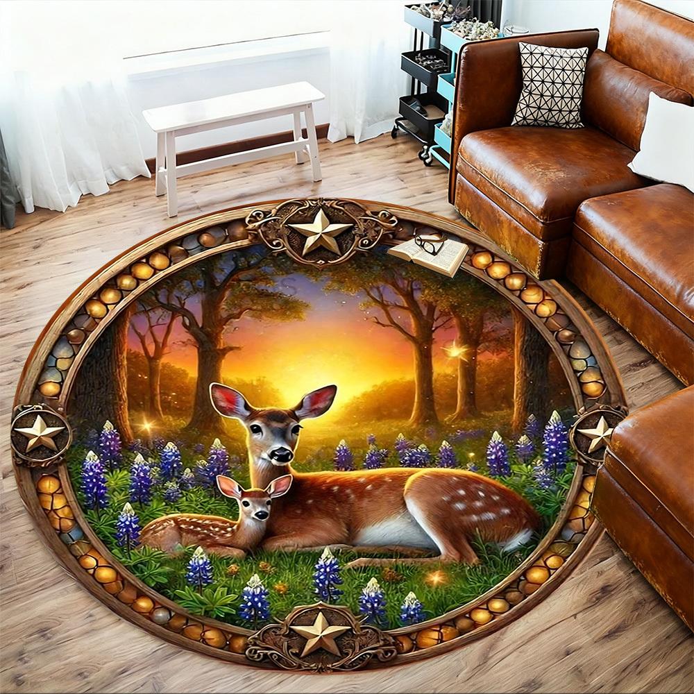 1pc Deer Forest Round Chair mat Area Rug - Non-Slip, Floor Mat for Office, Bedroom, home decor Christmas Gift-1002336