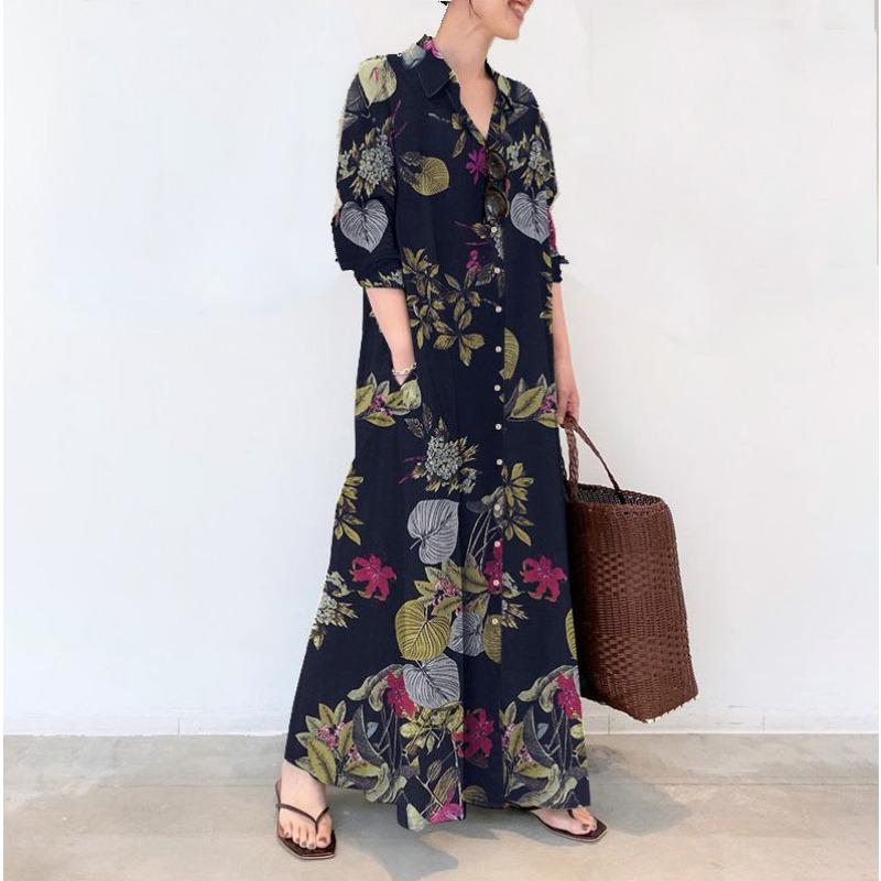 

Весна Осень Женские Большого Размера Хлопково-Льняные Платья с Принтом, Лацканами, Длинным Рукавом и Карманами, Простые Свободные Повседневные Длинные Платья-Рубашки XXXXXL темно-синий